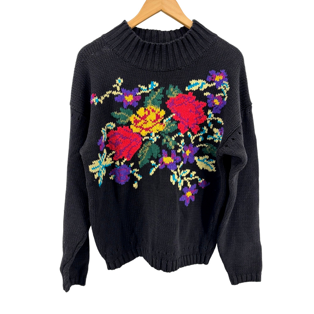 90s Chunky Knit Dark Floral Sweater XL Romantic Goth Fairygrunge Whimsigoth